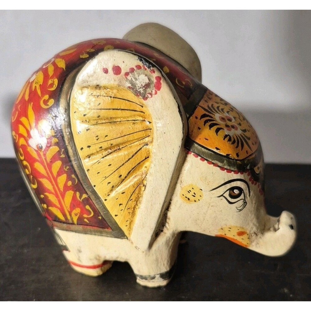 Vintage Hand-Painted Wooden Elephant Figurine Folk Art
